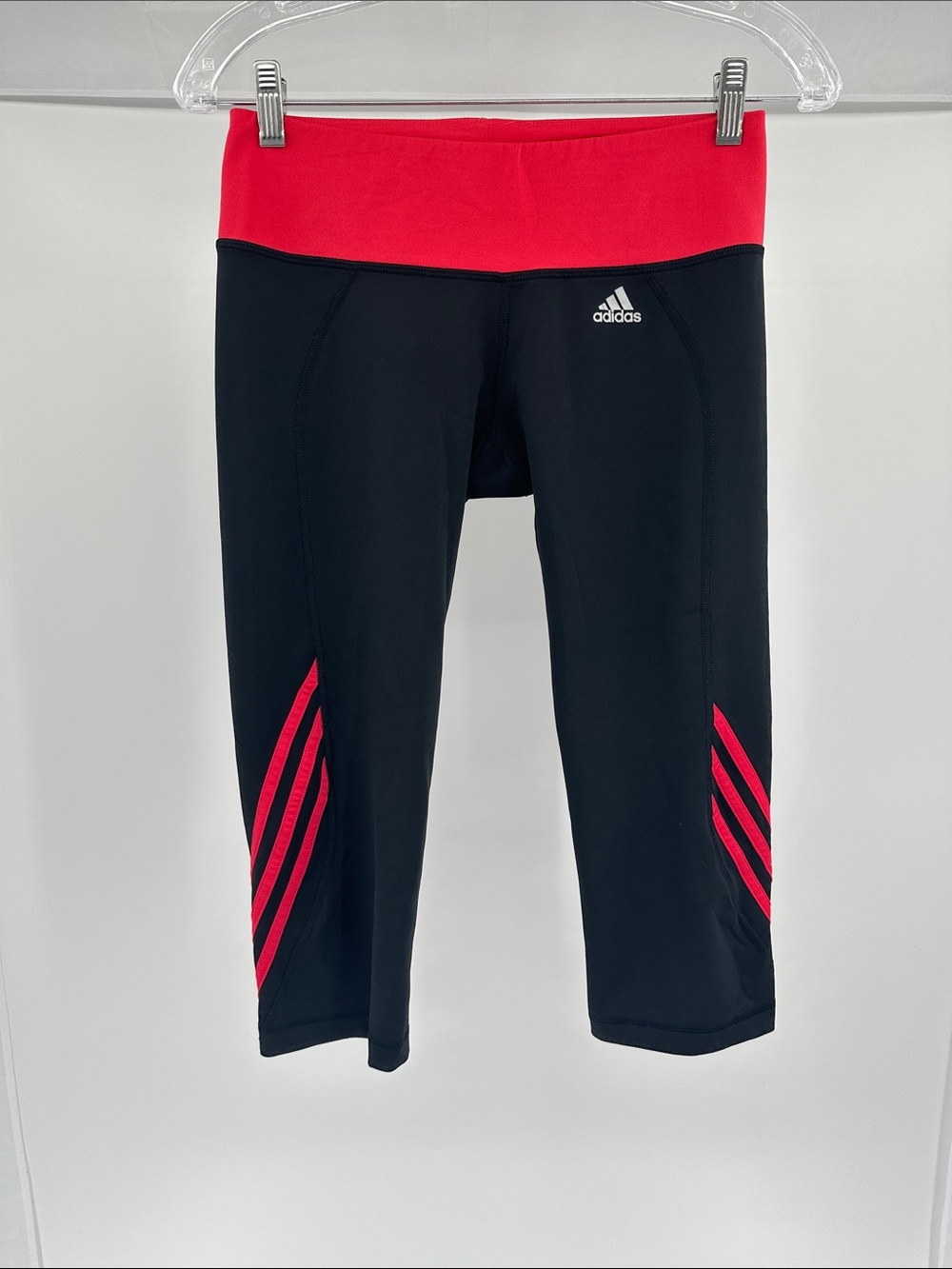 adidas Black Leggings with Pink Waistband and Pink Stripes